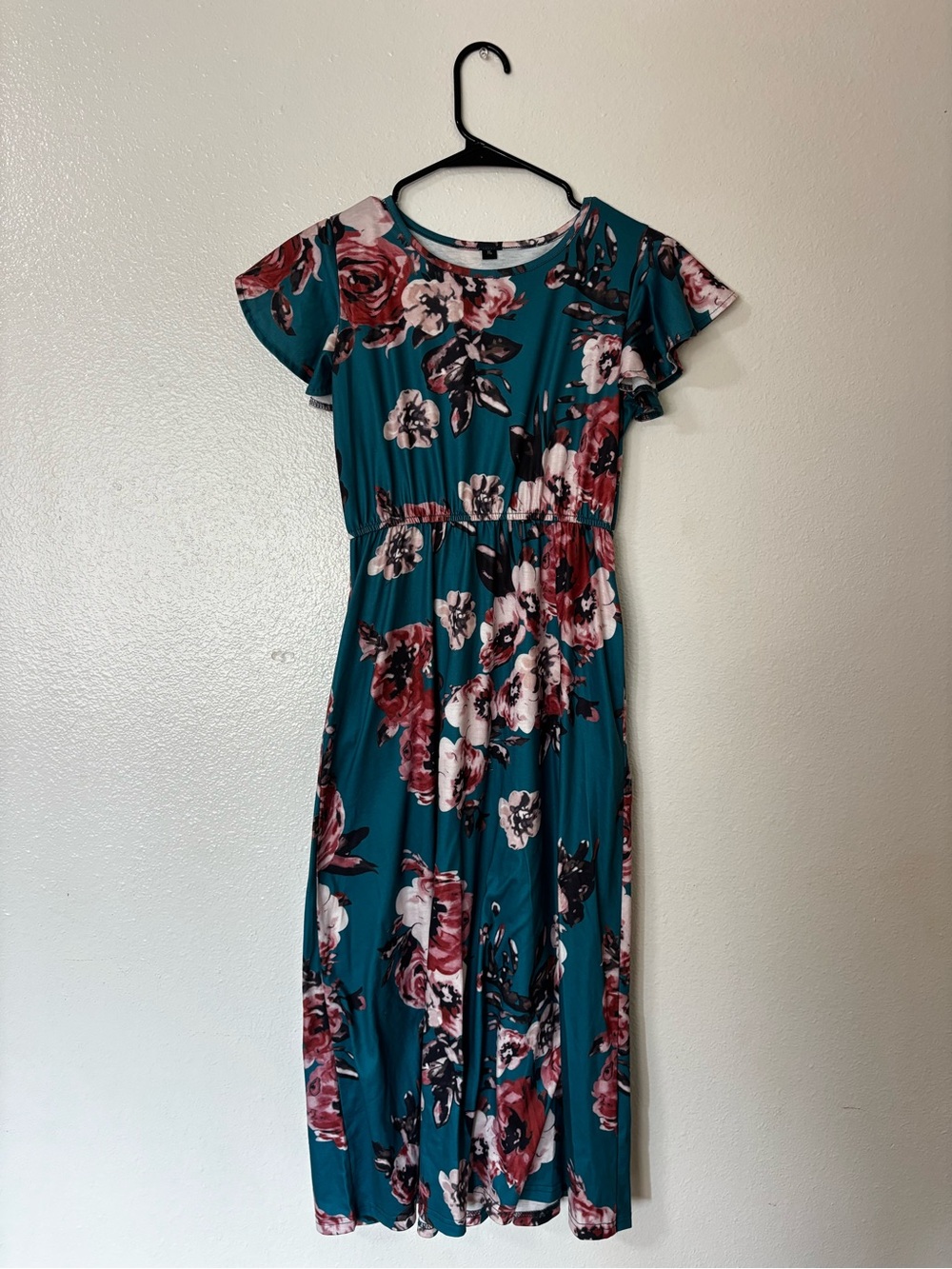 Teal Floral Midi Dress with Ruffled Sleeves